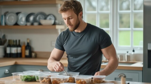 Young man organizing meal prep containers in a modern kitchen, focusing on healthy eating and lifestyle choices, showcasing culinary skills and habits