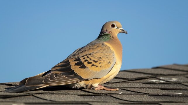 A solitary bird, likely a mourning dove, perched on a rooftop shingles.  