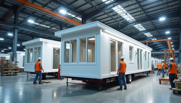 Workers build modular homes indoors. Prefabricated buildings assemble on factory floor. Modern housing units made with efficiency and planning. Industrial construction process is clean and organized.