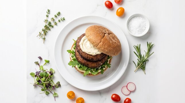 Healthy Plant-based Food Us Uk Stacked Portobello Mushroom Burger with Vegan Mayo, Aru