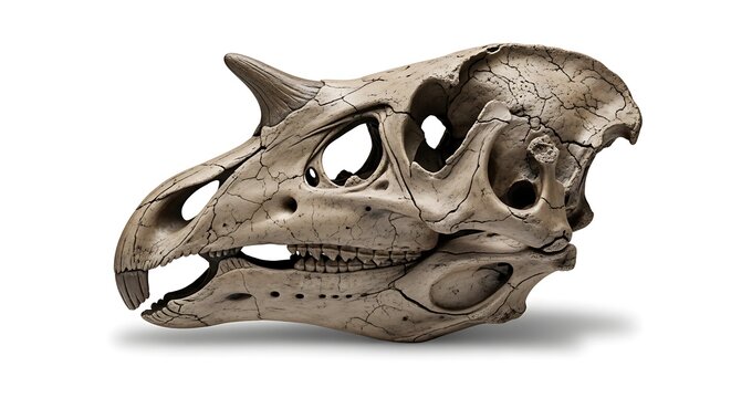 A detailed, well-preserved fossilized dinosaur skull with a prominent frill and horn-like features, displayed against a white background.