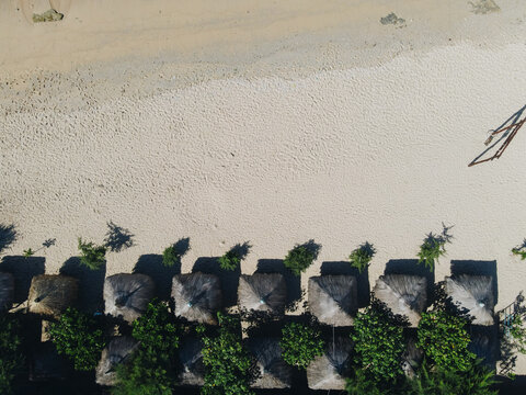 Aerial view of Baron Beach with thatched umbrellas and green trees casting long shadows on the white sand Tanjungsari, Special Region of Yogyakarta, Indonesia.