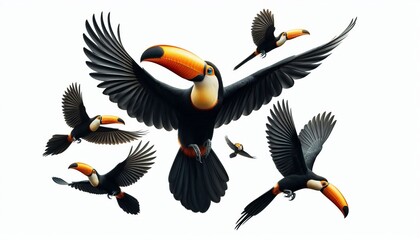 Obraz premium A toucan is flying alone, with its wings spread, against a white background