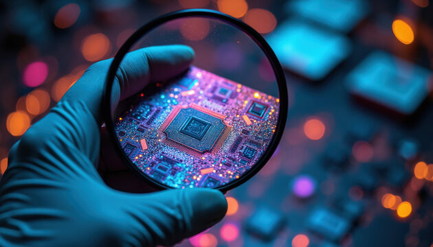 Gloved hand holds magnifier over electronic chip showing complex pathways. Closeup inspection of advanced tech circuit board. Detailed examination of micro components with high precision.