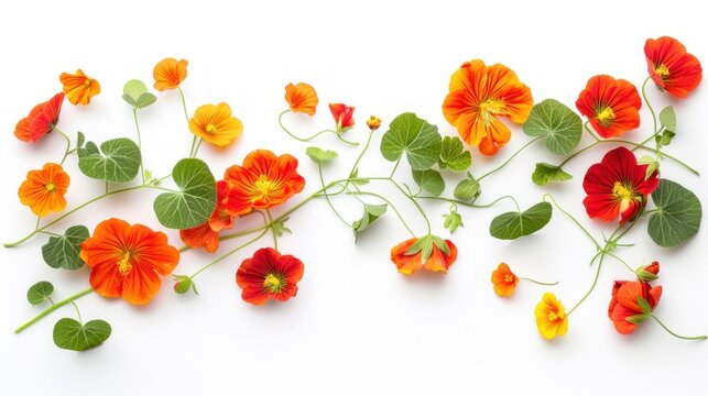 A vibrant display of orange nasturtia flowers arranged in a linear fashion, showcasing their vivid colors and green leaves against a pristine white background.  