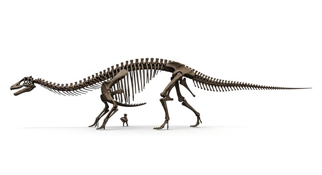 Full-length side view of a large dinosaur skeleton, possibly a sauropod or ornithopod, with a small human figure for scale on a white background.