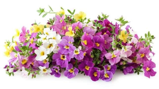 A vibrant bouquet of colorful flowers, predominantly pink, purple, and white, arranged in a circular pattern against a white background.  