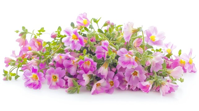A vibrant bouquet of pink and purple flowers, likely petunias, against a stark white background.  