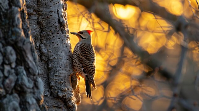 A woodpecker perched on a tree trunk at sunset, its vibrant red crest contrasting against a warm, golden background of trees and foliage.