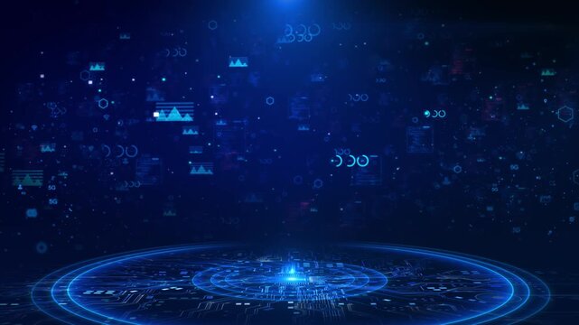 Futuristic Digital Platform Data Interface Technology Elements Advanced platform interface elements floating data icons blue background. technology presentations, innovation artificial intelligence
