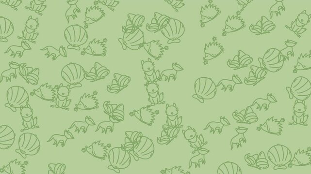 Light green animal and shell outlines on a green background. Suitable for naturethemed designs, prints, childrens book illustrations, and educational materials.