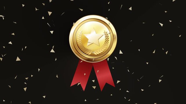 Golden achievement medal with red ribbon and falling confetti on black background.