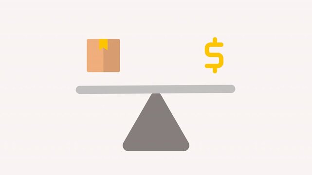 Animated scale icon weighing a cardboard package with a dollar sign. Balance shipping costs, product value, and budget management. Perfect for UI, logistics, and business projects. 4K quality.