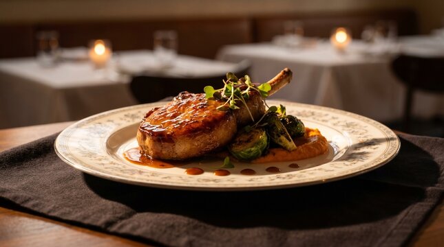 American Fine Dining Dinner Thick-cut Pork Chop with Apple Bourbon Glaze, Roasted Bru