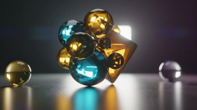 Abstract 3D animation of shimmering jewel and crystal spheres floating on a reflective surface against a dark backdrop