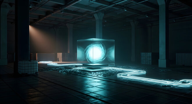 Futuristic Glowing Cube Portal Emitting Blue Light in Abandoned Industrial Warehouse Setting