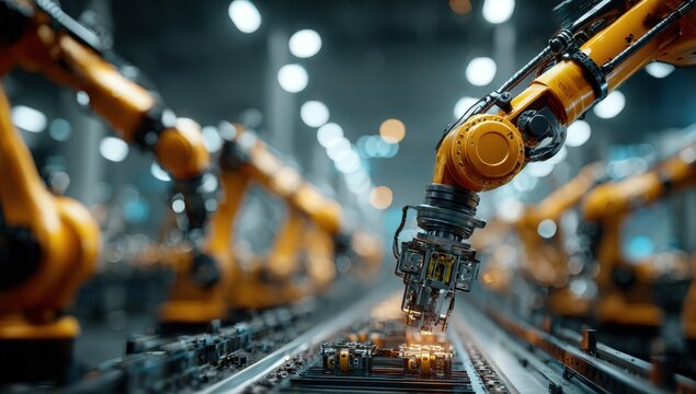 Robotic arms assembling electronic components on a modern factory assembly line with blurred machinery and industrial lighting in the background