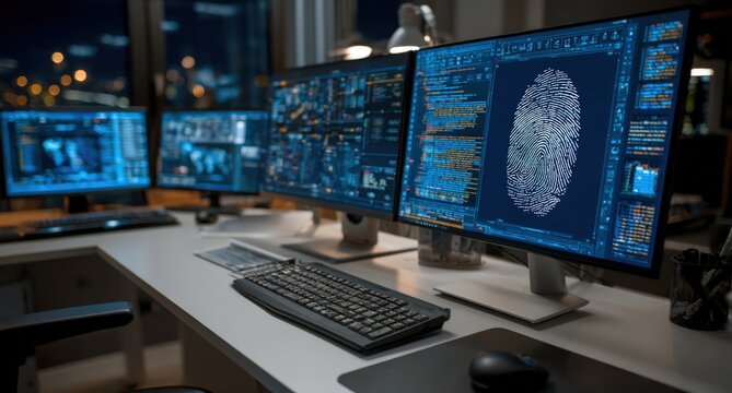 Modern high-tech office workspace featuring multiple monitors displaying data analysis and a fingerprint graphic, illuminated by ambient city lights at night