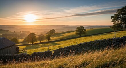 Obraz premium Vibrant landscape of a rural scene, with golden hour sunlight, rolling hills, and a rustic stone wall.