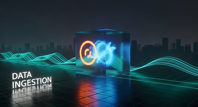 Dynamic digital data ingestion and processing concept for big data analytics and cloud computing infrastructure, showcasing advanced technology and information flow