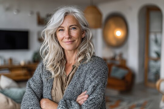 Middle-aged woman with gray hair smiling confidently in a bright living room, featuring modern furniture and decorative elements in a cozy interior setting