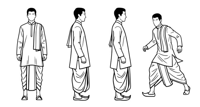Vector illustrations of a South Asian man in traditional Indian attire, a dhoti and kurta, shown in various standing and dynamic poses, reflecting cultural tradition and heritage