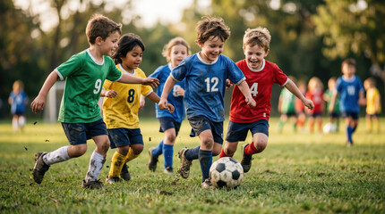 Naklejka premium Children Playing Soccer on Grass Field During Sunny Day