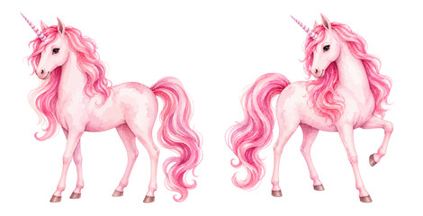 A charming watercolor set of pink unicorns featuring flowing manes and magical horn details illustrated in a whimsical fantasy style. © liana