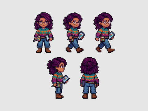 pixel art character spritesheet of a creative woman with purple hair, glasses, and a colorful sweater holding a digital tablet.