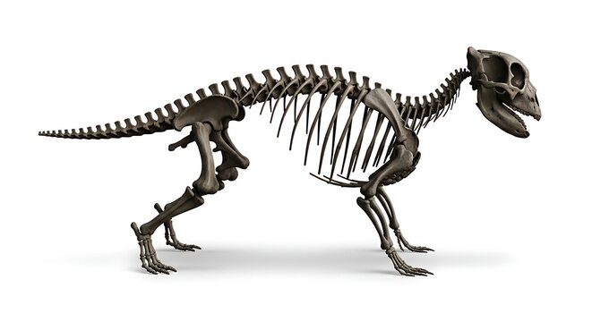 Detailed scientific illustration of a complete Pachycephalosaurus dinosaur skeleton on a white background, showcasing its bone structure.