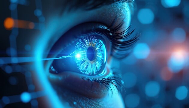 Close up macro shot of futuristic cybernetic eye iris with glowing blue light. Digital data streams connect creating intelligent vision. Advanced technology concept.