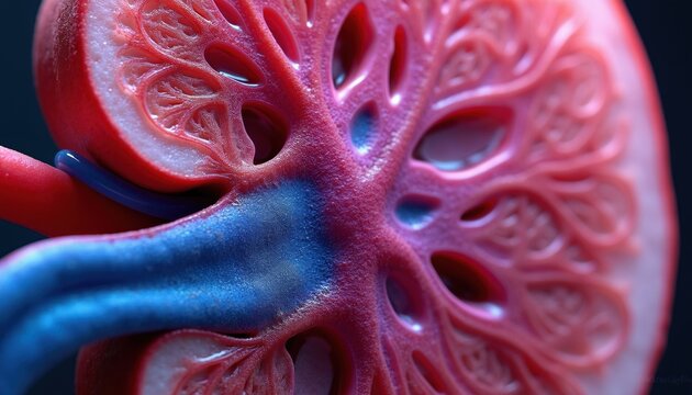 Human kidney cross section shows internal red and blue vessels. Microscopic detail reveals organ filtration and excretion system. Healthy anatomy illustration for science and medical education.