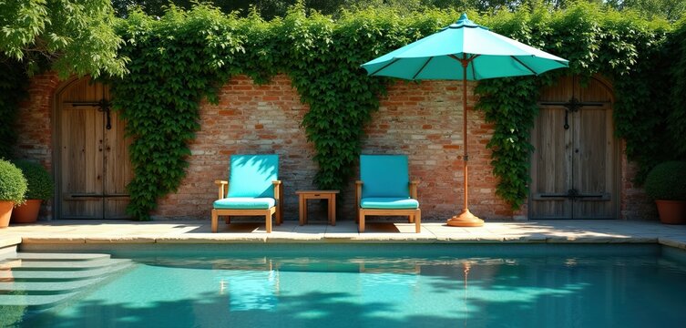 Two empty chairs rest by bright blue pool next to brick wall covered in green ivy. Teal umbrella provides shade over inviting water on sunny day. Wooden doors stand behind chairs. Scene is peaceful.