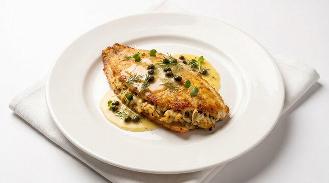 American Fine Dining Dinner Crab-stuffed Dover Sole with Lemon Beurre Blanc, Capers a