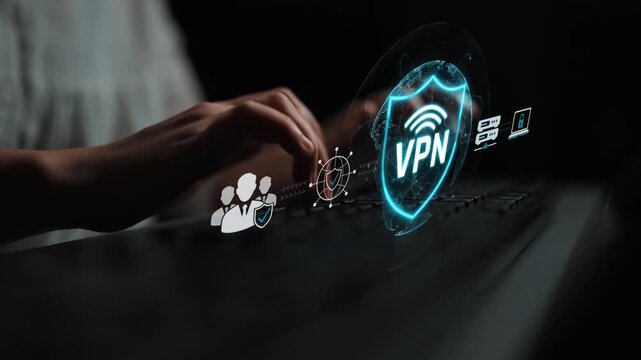 Conceptual illustration of hands typing on a keyboard with virtual VPN shield, cyber security protection, and digital technology background representation Sigmoid