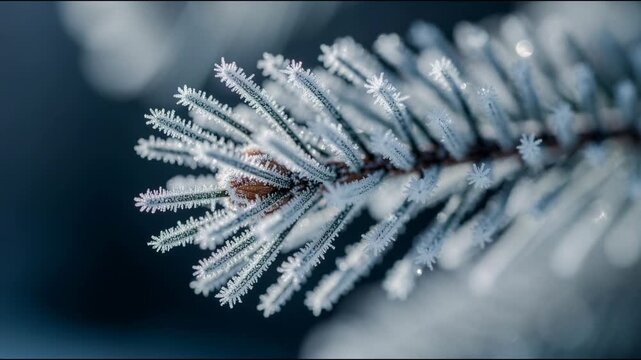 Close up of frosted pine tree branch covered with delicate ice crystals in cold winter nature