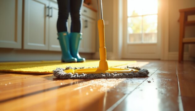 Person mops wooden floor collecting dust particles. Bright sunlight shines through window illuminating clean surface. Blue boots stand on yellow mat nearby during home tidying.
