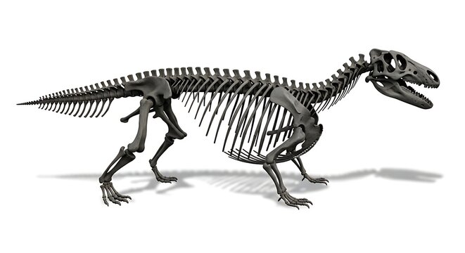 Detailed skeletal reconstruction of a large bipedal dinosaur, showcasing its bone structure and posture on a white background.