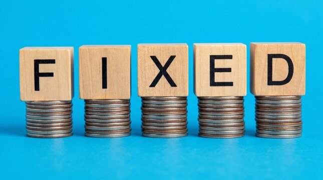 FIXED Word Spelled with Wooden Alphabet Blocks on Stacks of Coins on Blue Background
