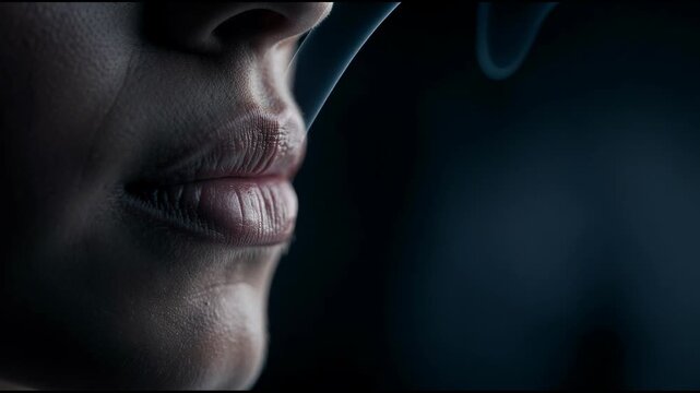 Close up of human lips exhaling smoke in dark moody environment with dramatic lighting