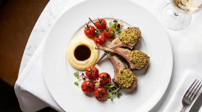 American Fine Dining Dinner Rack of Lamb with Herb Crust, Dijon, Pommes Puree and Roa