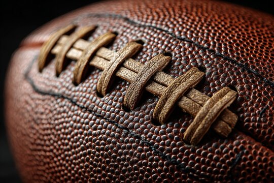 Close-up of a textured brown leather American football showcasing laces and stitching details against a dark background emphasizing its surface quality and craftsmanship