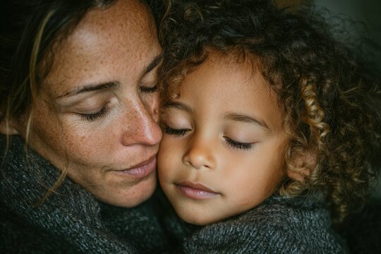 Woman with curly hair embraces child with curly hair, both wearing gray sweaters, showcasing a close-up moment of affection in a softly lit indoor setting