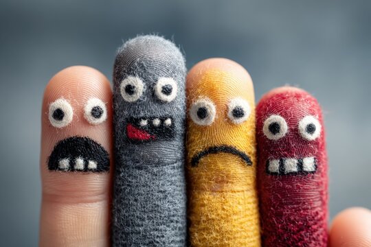 Four colorful finger puppets with expressive faces, featuring a sad, angry, and surprised character, displayed against a blurred gray background