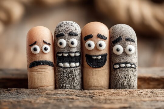 Four finger puppets with distinct facial expressions, featuring sad, surprised, happy, and angry designs, placed on a wooden surface with a blurred background