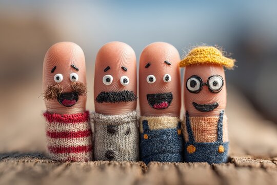 Four finger puppets with unique facial expressions and clothing styles, featuring a striped shirt, mustache, glasses, and a yellow hat, placed on a wooden surface