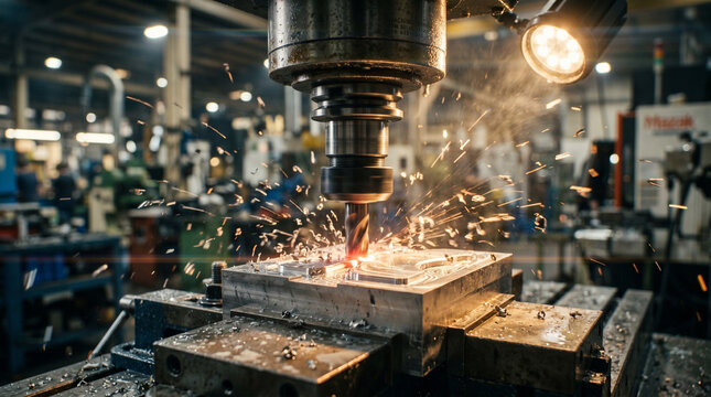 Industrial CNC milling machine cutting metal part with flying sparks