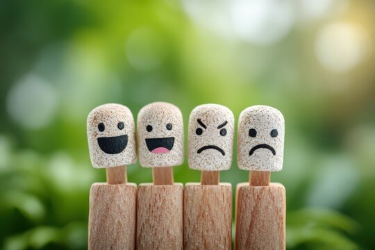 Four wooden figurines with expressive faces representing different emotions, arranged in a row against a blurred green background of foliage