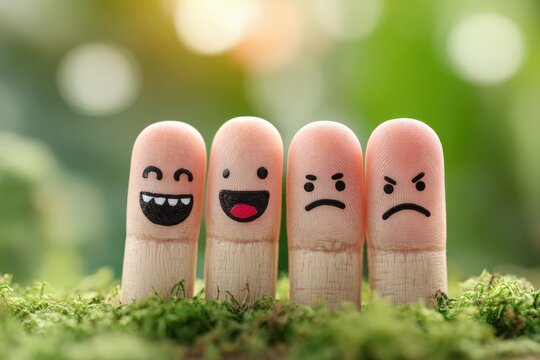 Four wooden finger puppets with painted facial expressions representing happiness, joy, and anger, placed on a bed of green moss with a blurred natural background