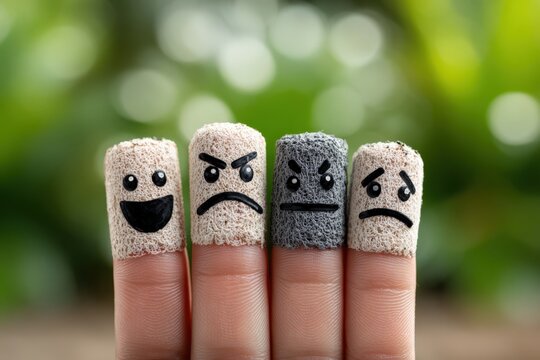 Four fingers with colorful adhesive bandages featuring expressive faces, showcasing a range of emotions against a blurred green background